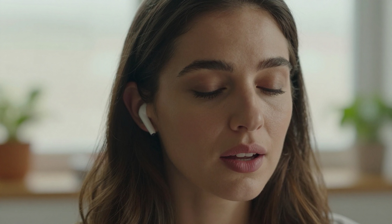 Woman using wireless earbuds speaking to AI assistant