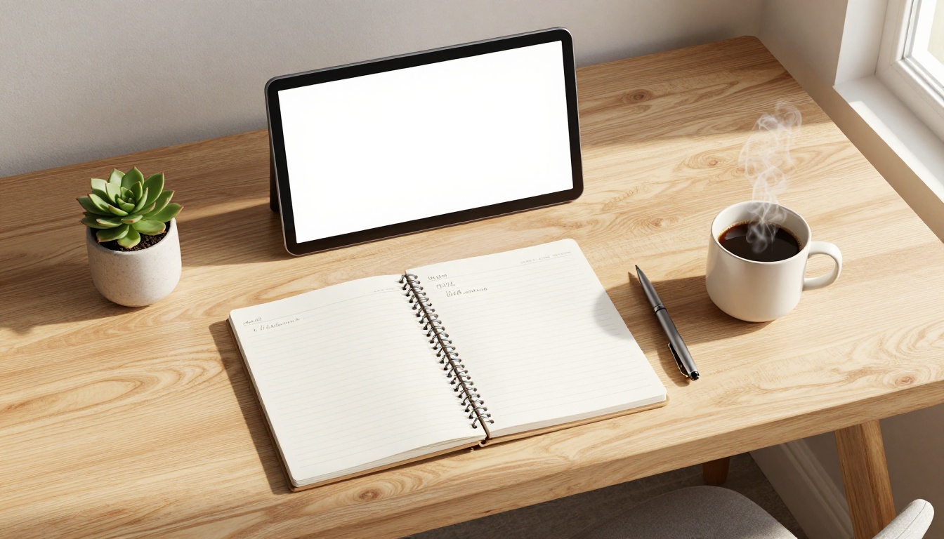 Minimalist workspace flat-lay with laptop, notebook, and coffee