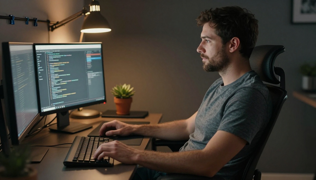 Developer studying code output on monitors in a dimly lit home office