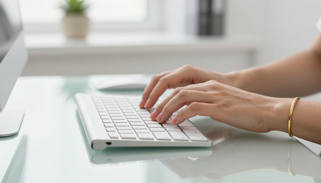 Woman with well-manicured hands typing on a slim keyboard at a glass desk