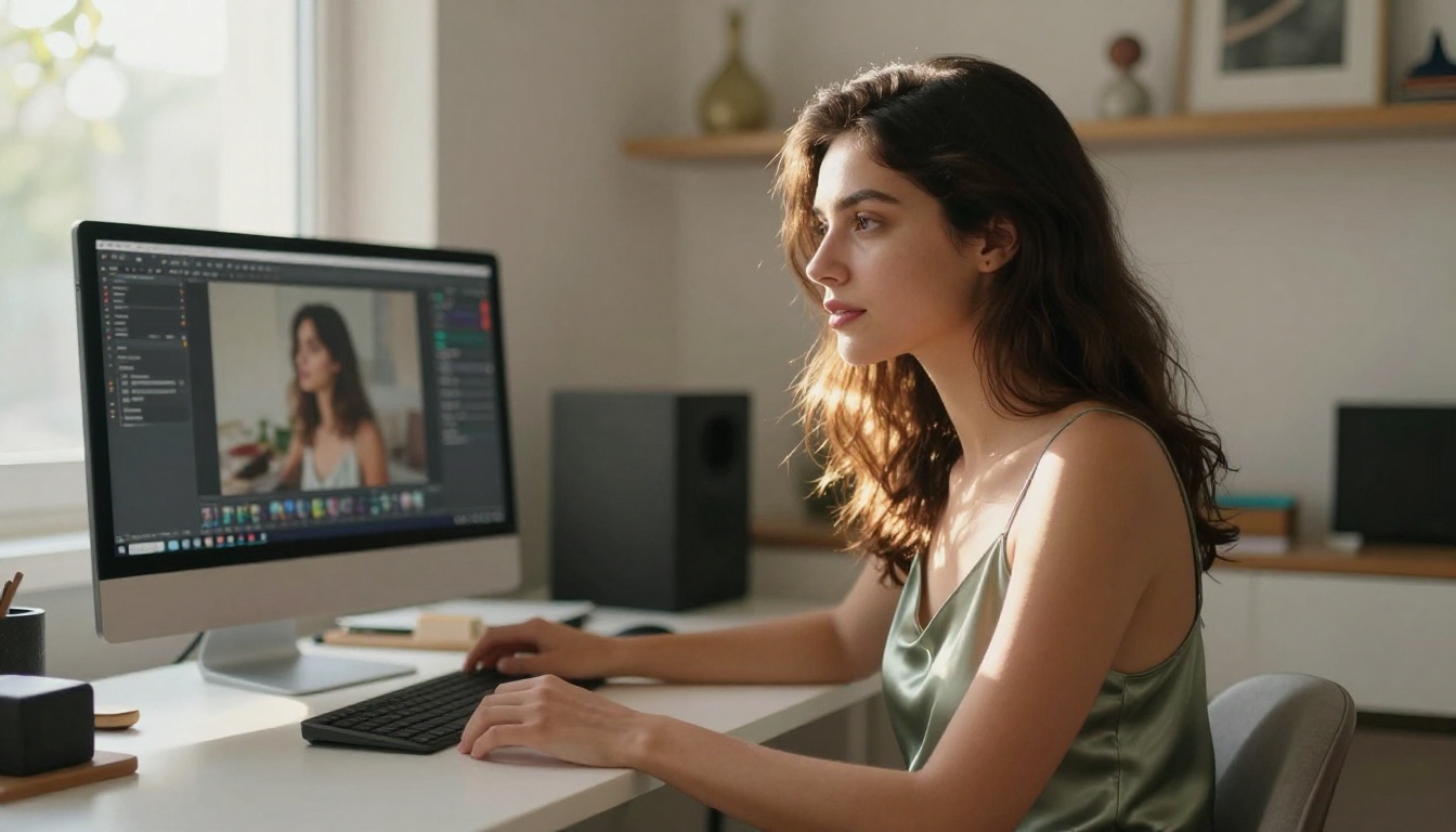 Woman at a sunlit creative workstation with AI image generation interface on monitor