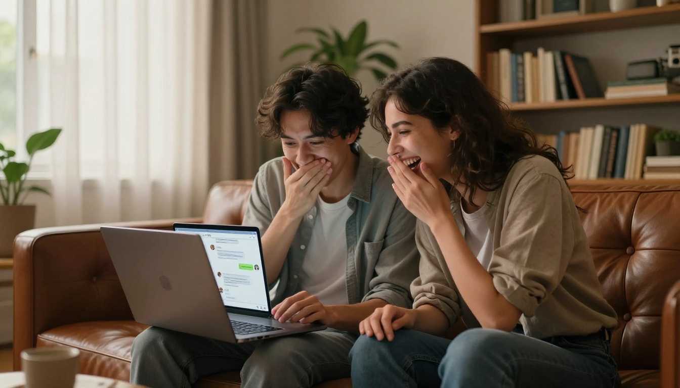 Two people laughing together at AI chat on laptop