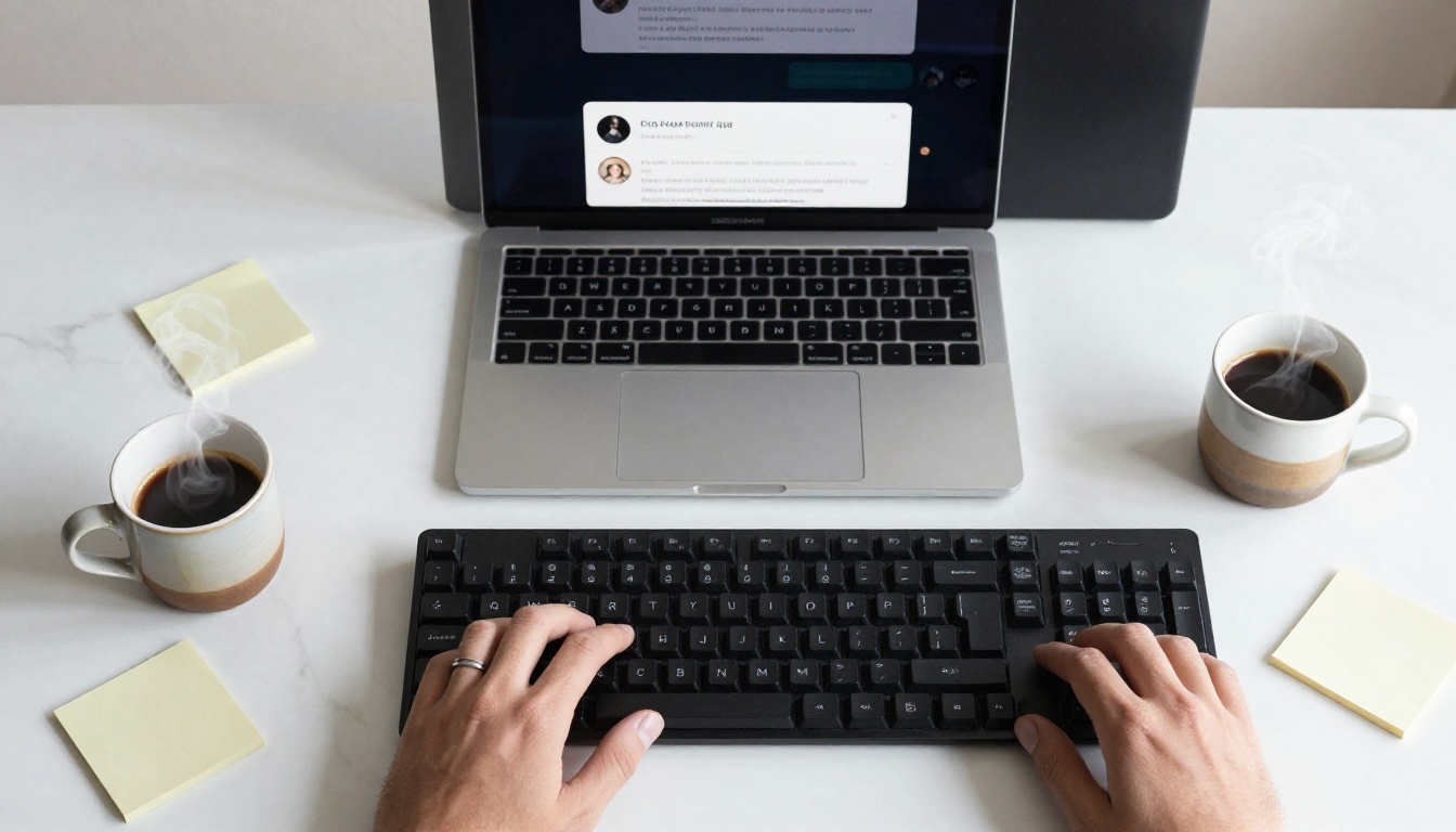 Aerial flat-lay of desk with laptop chat interface and coffee