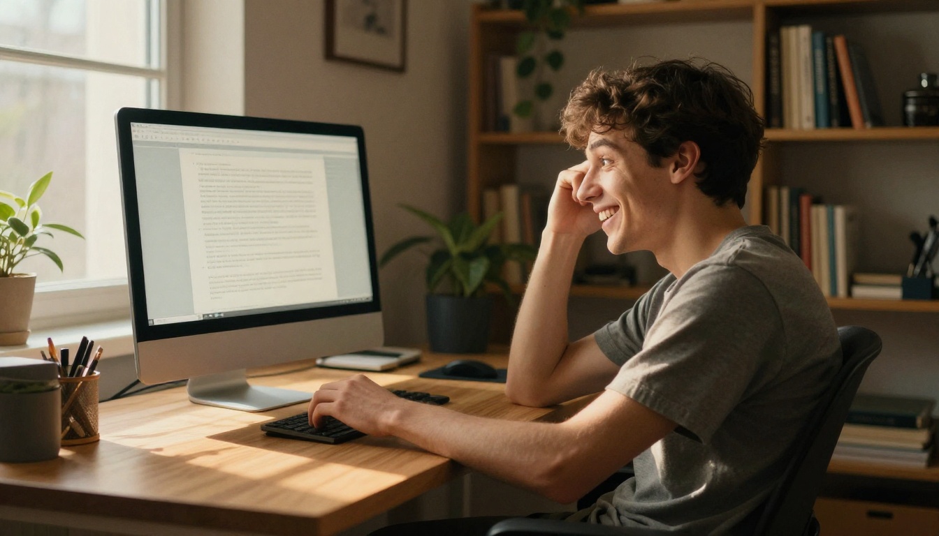 Young man at home office desk laughing at computer monitor