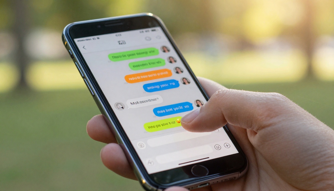 Close-up of hands holding smartphone with chat bubbles on screen