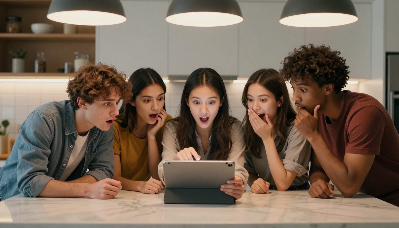 Group of diverse friends gathered around tablet laughing in kitchen