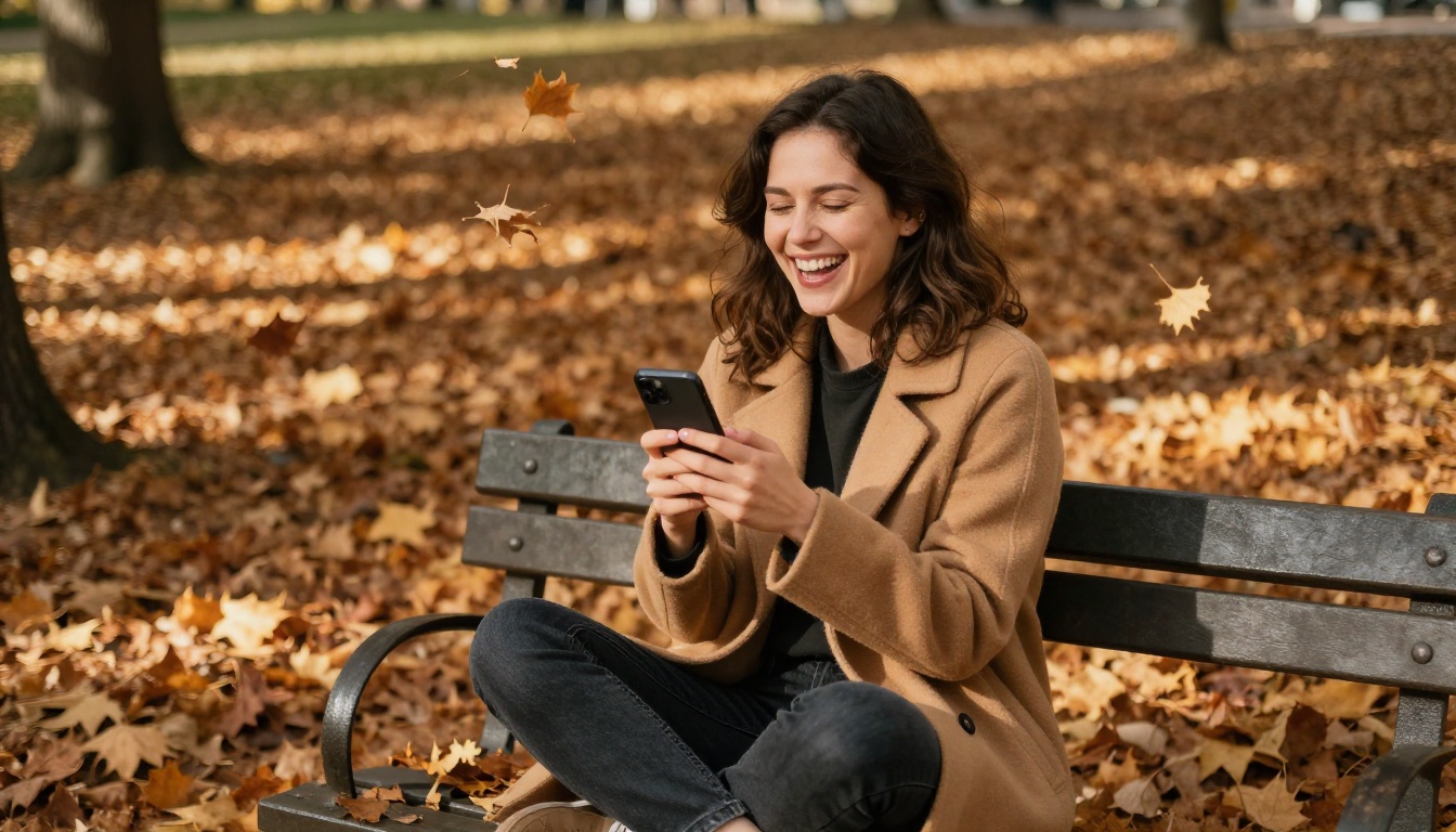 Woman sitting cross-legged on autumn park bench laughing at phone