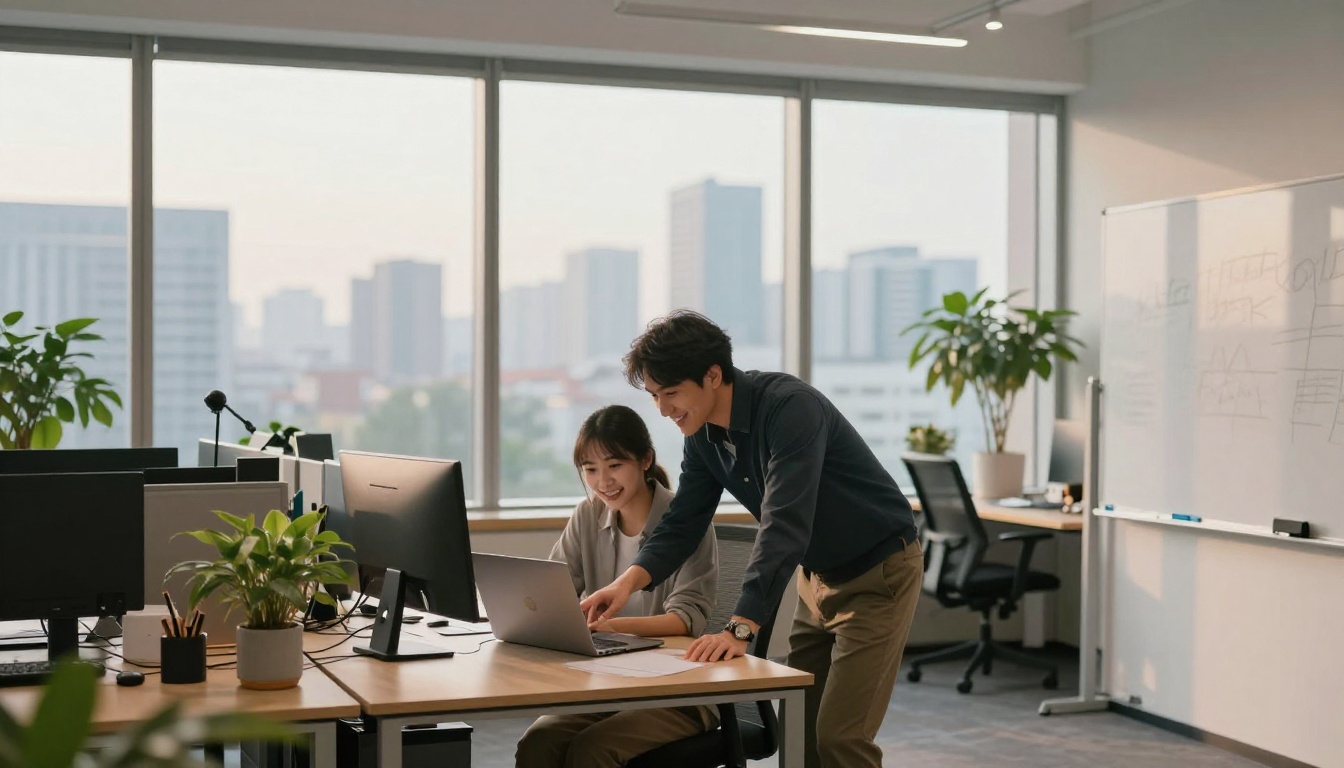 Two colleagues at standing desks in modern co-working space smiling