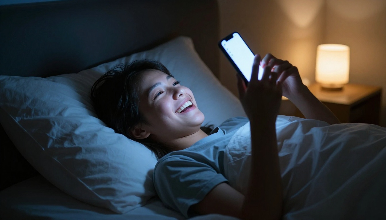 Person lying in bed at night laughing at phone screen in blue light