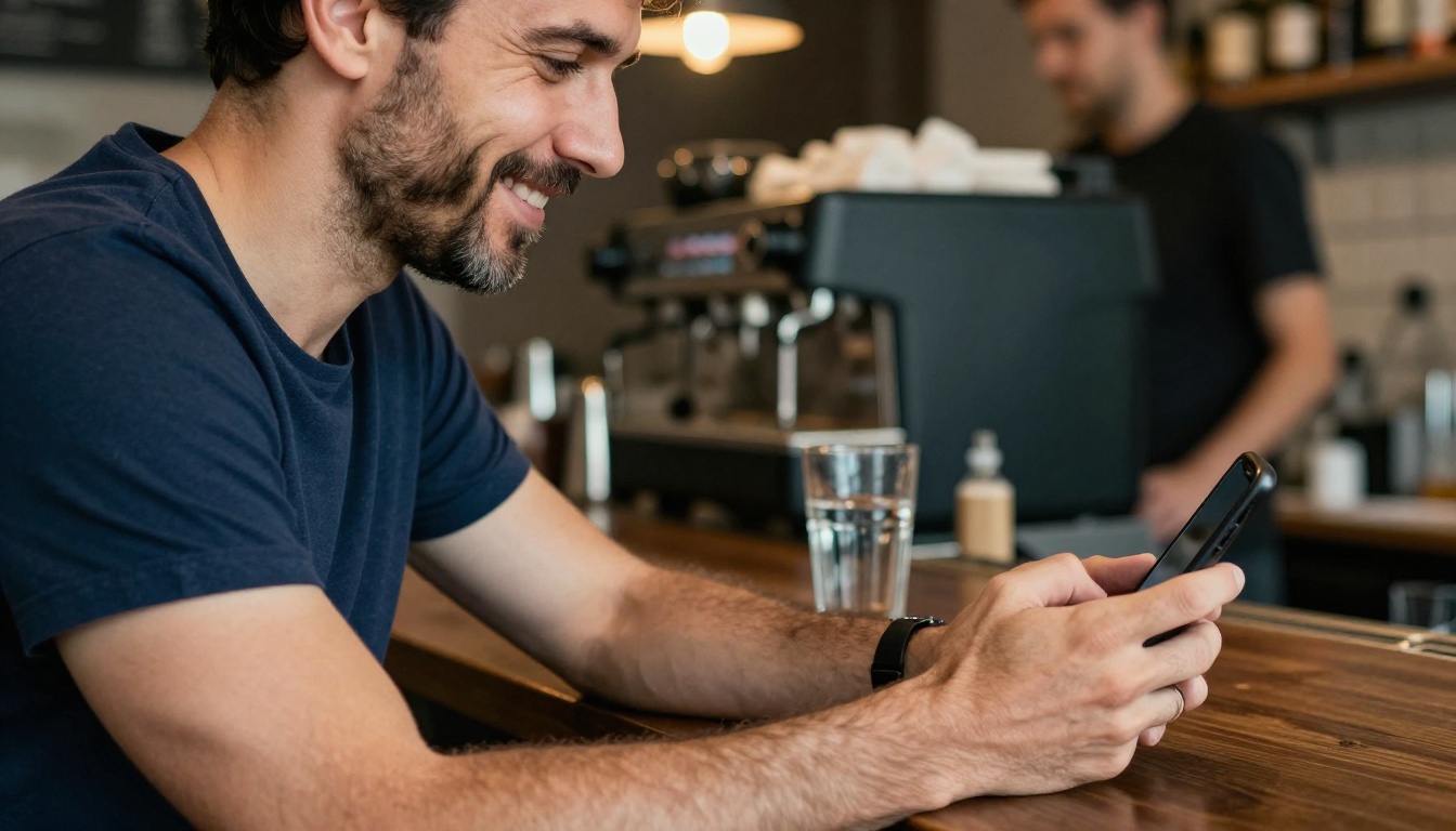 Man at cafe bar counter genuinely smiling at phone propped on counter