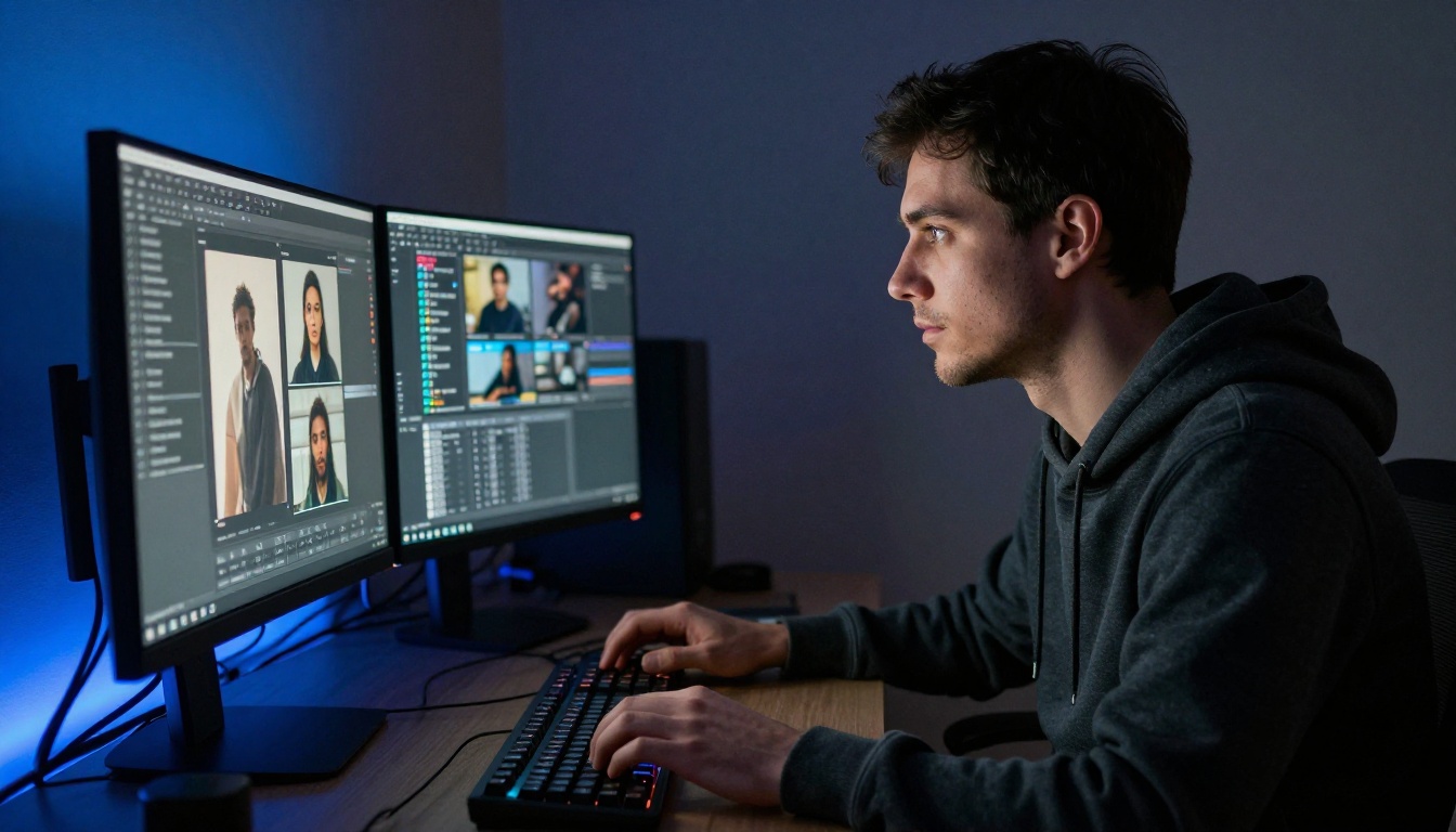 Digital artist working at dual monitors late at night with dramatic lighting Digital artist working at dual monitors late at night with dramatic lighting