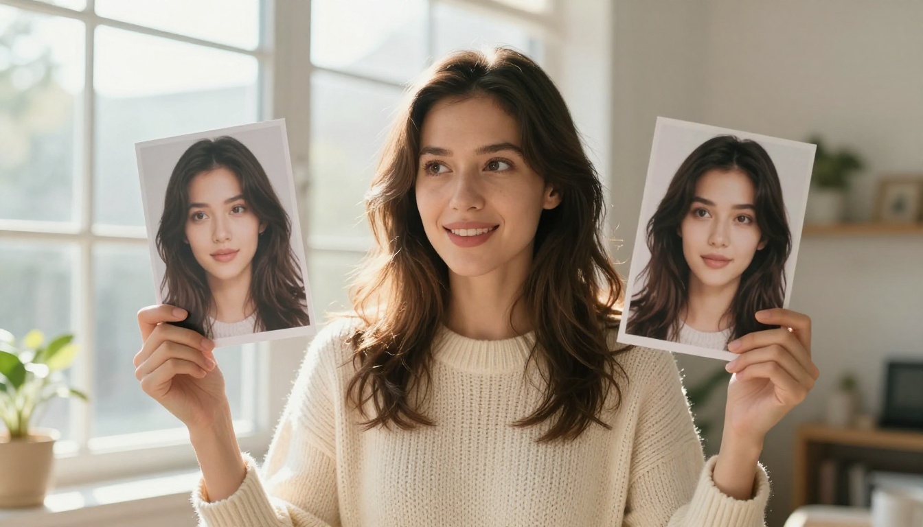 Woman holding two printed AI-generated photos by a sunlit window comparing them Woman holding two printed AI-generated photos by a sunlit window comparing them