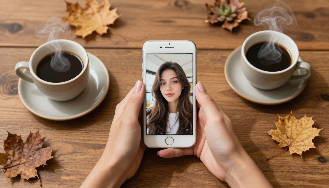 Overhead flat-lay of smartphone with selfie portrait on rustic cafe table