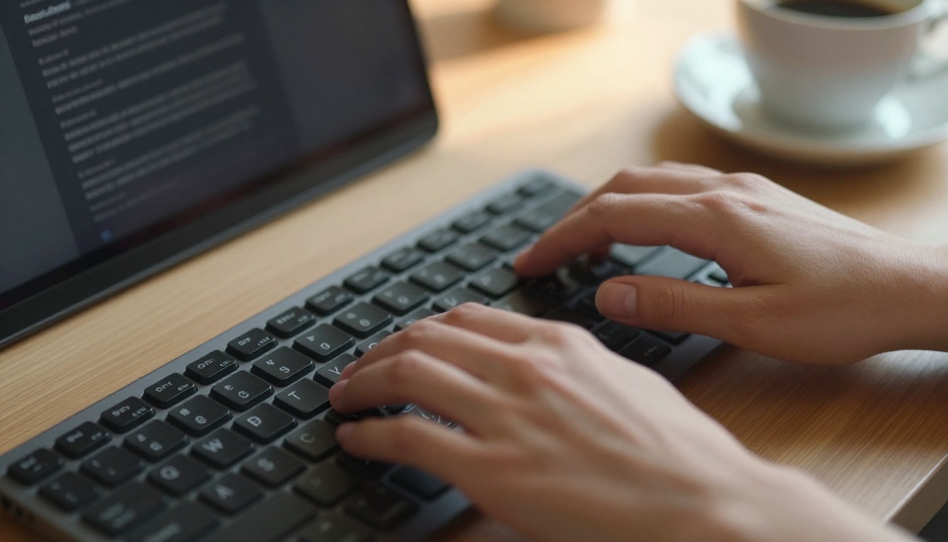 Close-up of hands typing on mechanical keyboard with warm amber desk lamp casting key shadows