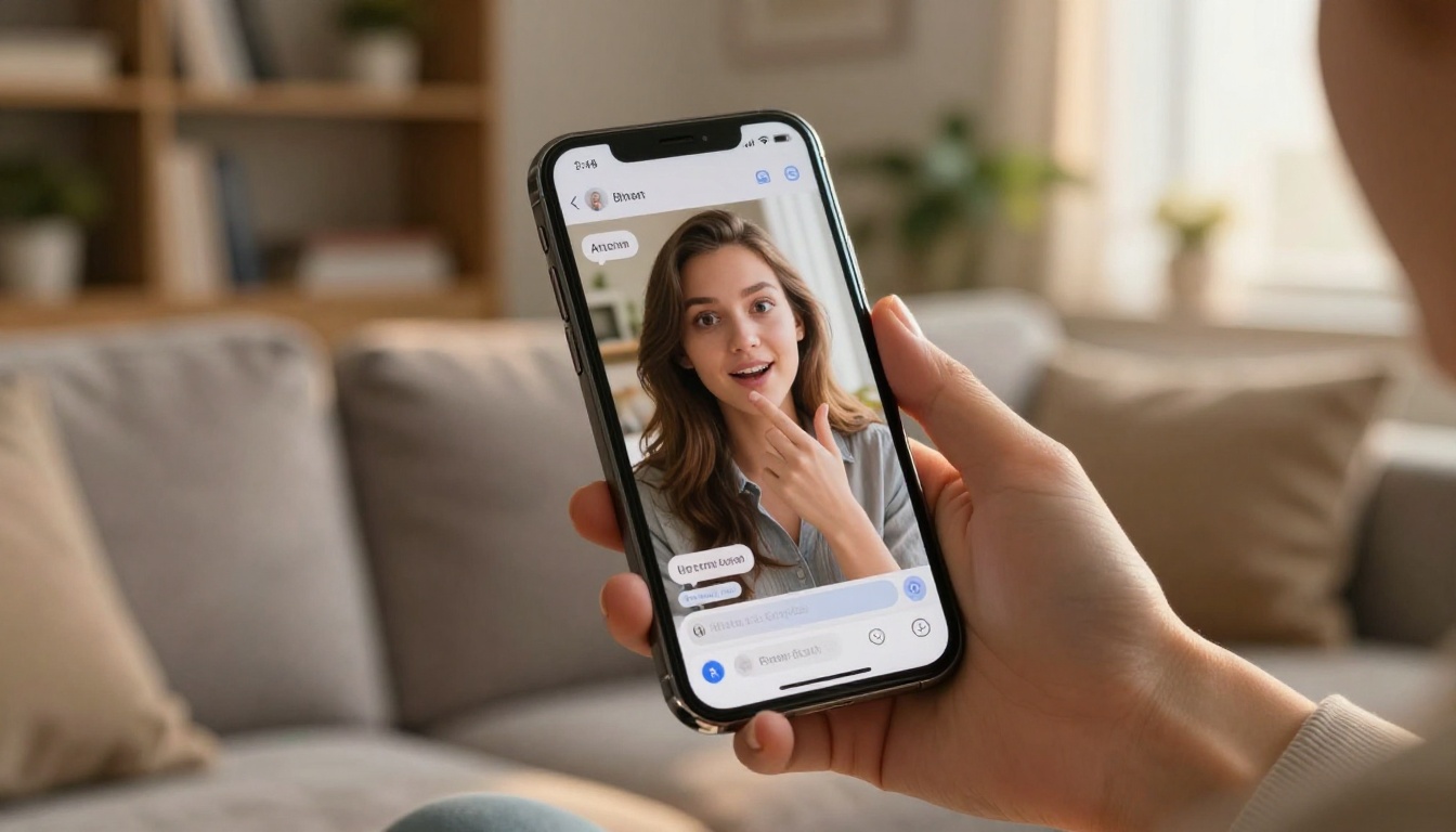 Woman on modern sofa holding smartphone with AI chat conversation visible, warm afternoon light