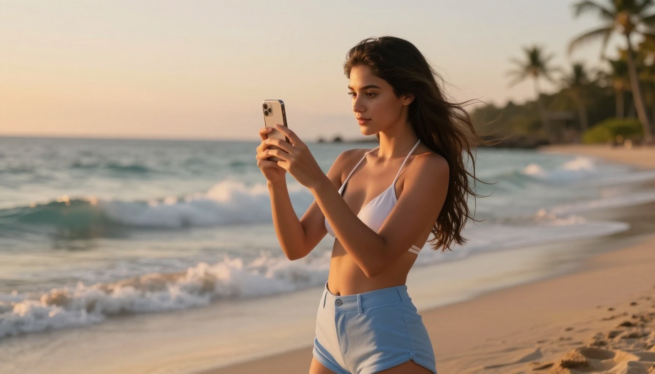 Beautiful woman taking glamour selfie at tropical beach with golden hour sunset lighting
