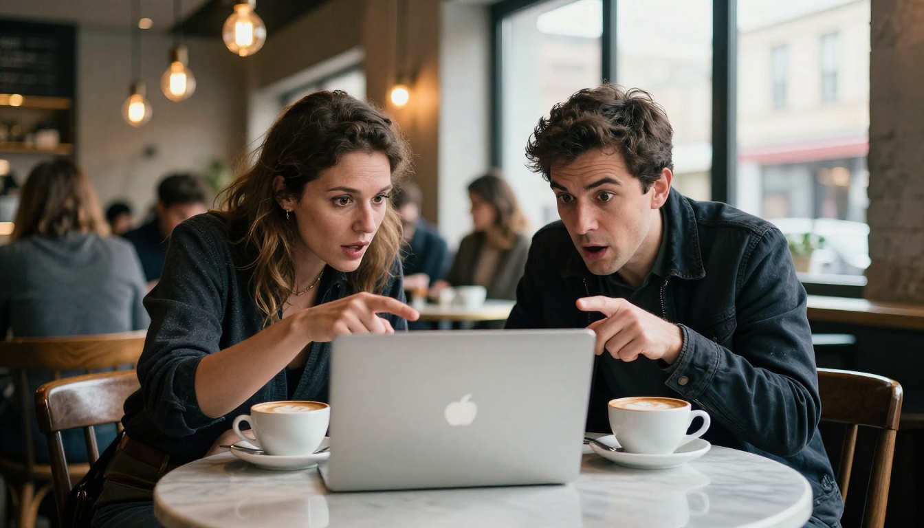 Man and woman at marble cafe table leaning toward laptop in candid animated discussion