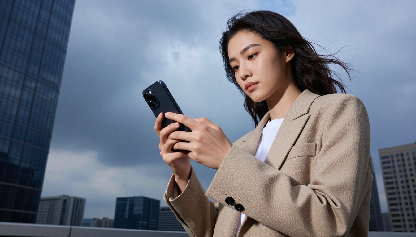 Woman reviewing selfie video on smartphone against dramatic city skyline with confidence