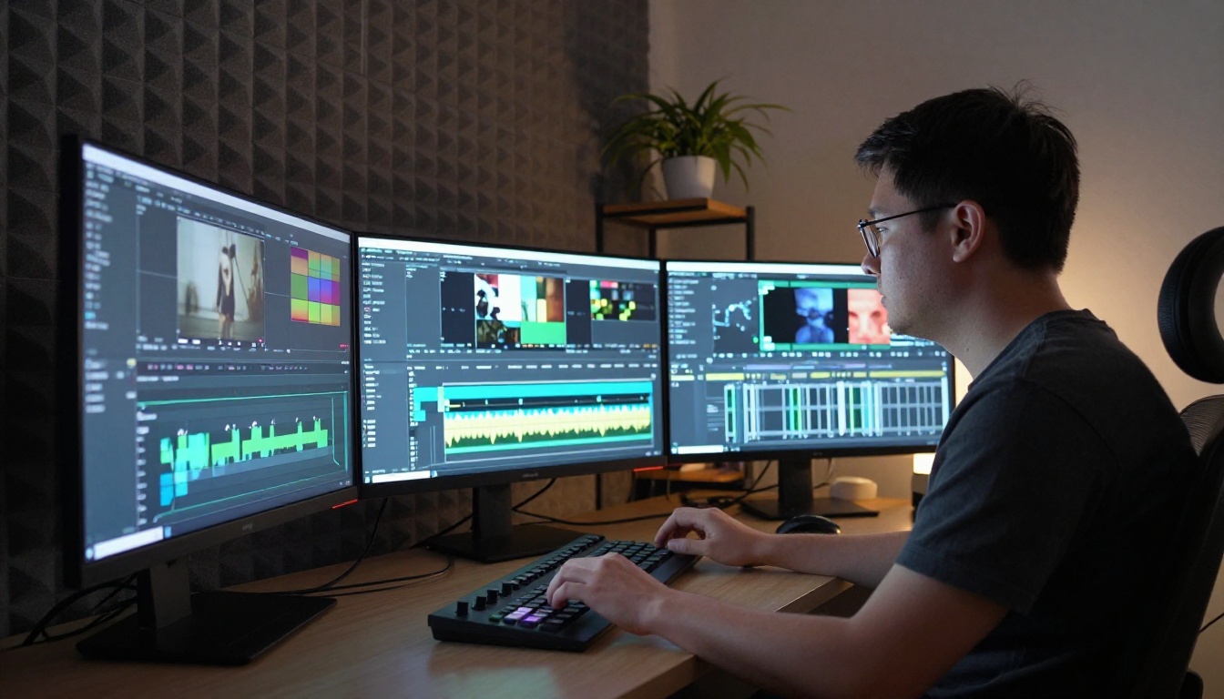 Video editor working in dark suite with multiple monitors showing timeline