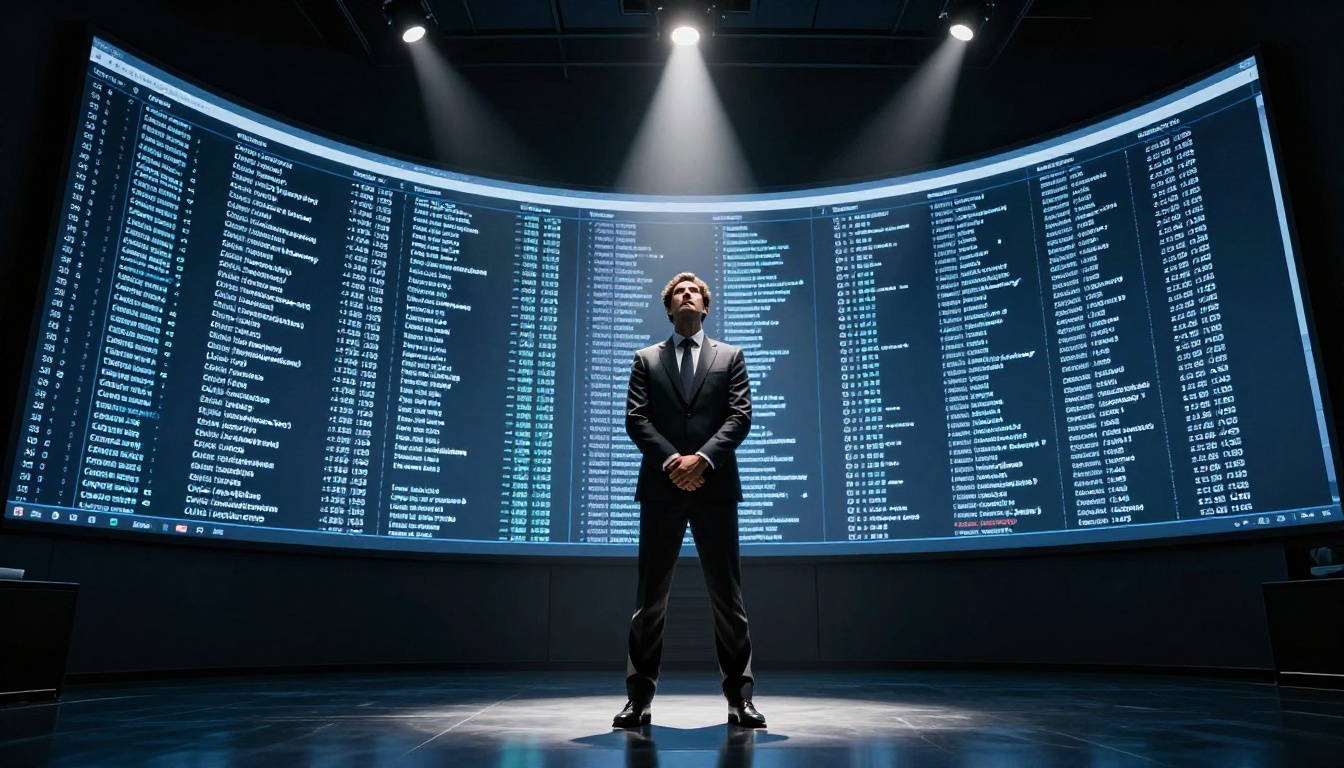 Professional man in tailored suit standing before large curved monitor in dark office with dramatic upward lighting