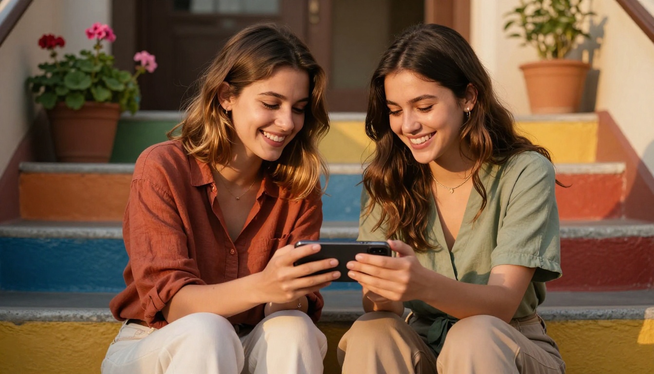 Two women sharing animated selfie video together on colorful outdoor stairs at sunset