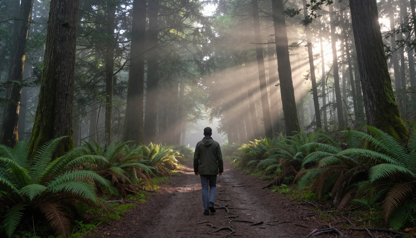 Lone figure walking away through foggy ancient forest at dawn