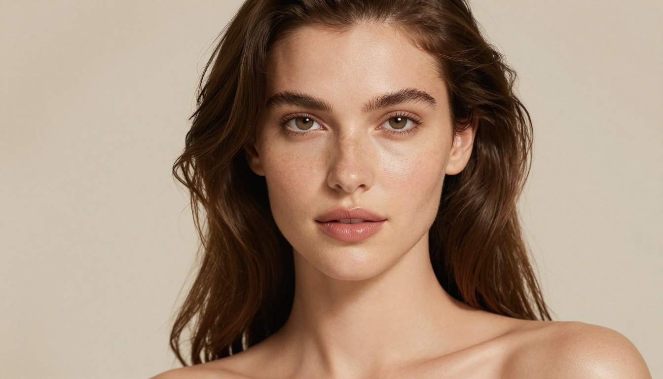 Close-up portrait of an elegant woman with natural skin texture and soft studio lighting