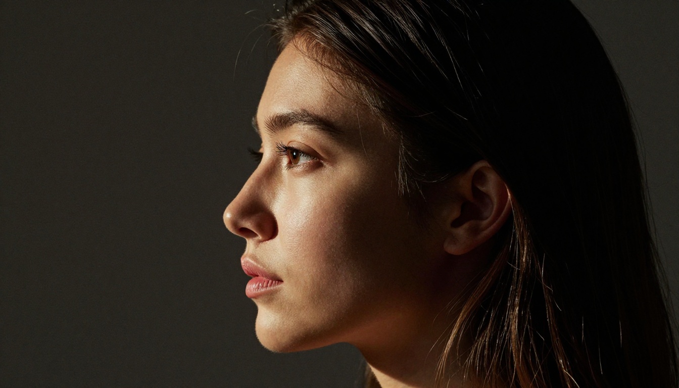 Dramatic side profile portrait with chiaroscuro Rembrandt-inspired lighting and crisp jawline Dramatic side profile portrait with chiaroscuro Rembrandt-inspired lighting and crisp jawline