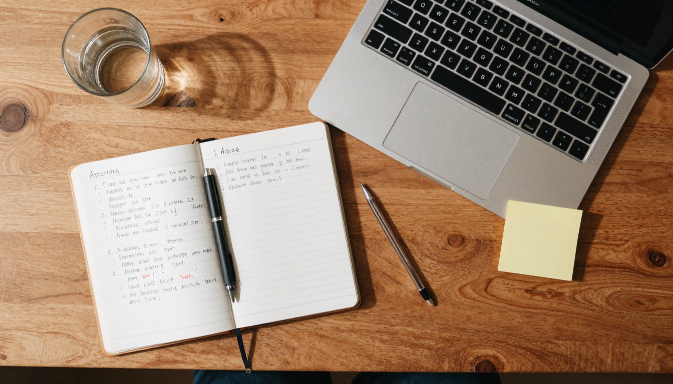 Overhead flat-lay RAW photograph of a wooden desk with a laptop, notebook with AI comparison notes, and sticky notes in warm daylight Overhead flat-lay RAW photograph of a wooden desk with a laptop, notebook with AI comparison notes, and sticky notes in warm daylight