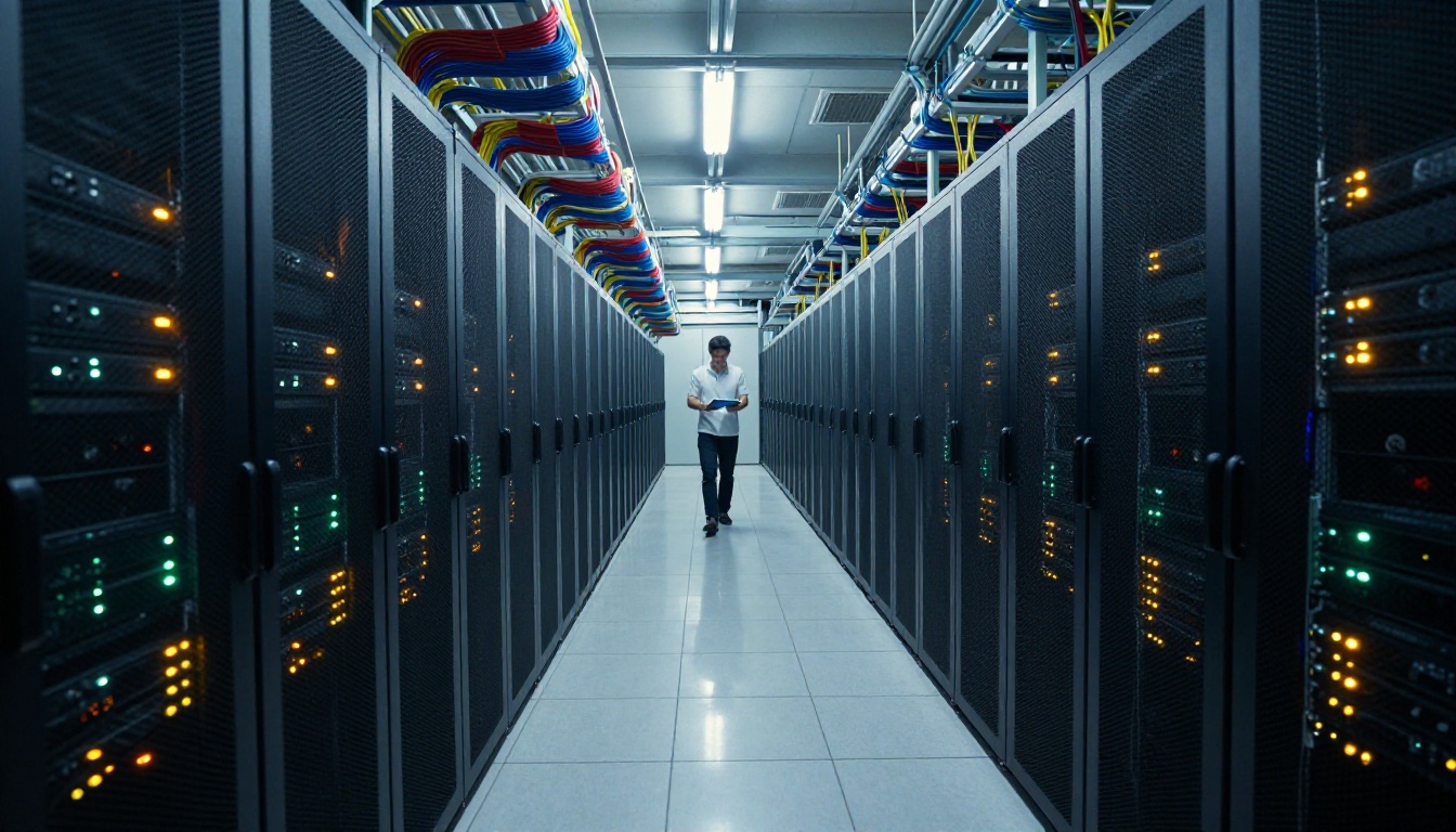 Vast data center server corridor with glowing equipment racks