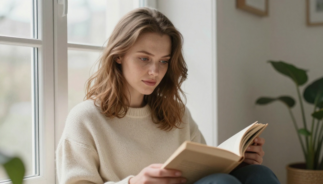 Environmental lifestyle portrait of woman by window with natural soft light and warm Nordic interior Environmental lifestyle portrait of woman by window with natural soft light and warm Nordic interior