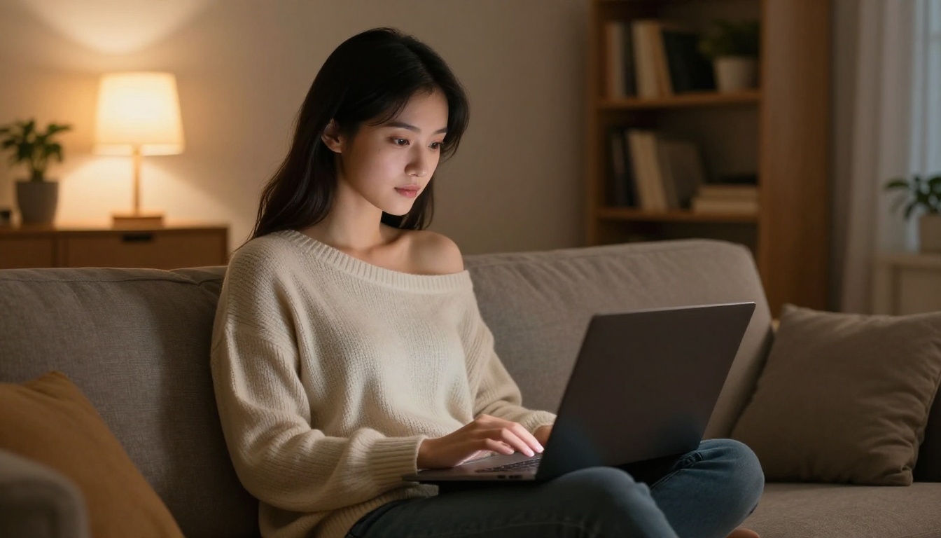 Woman with laptop on sofa warm evening