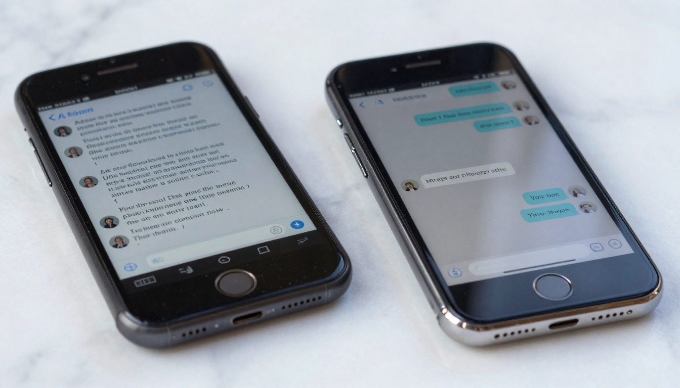 Two smartphones side by side on white marble showing different AI chat interfaces, one with formal long text and one with short punchy replies Two smartphones side by side on white marble showing different AI chat interfaces, one with formal long text and one with short punchy replies