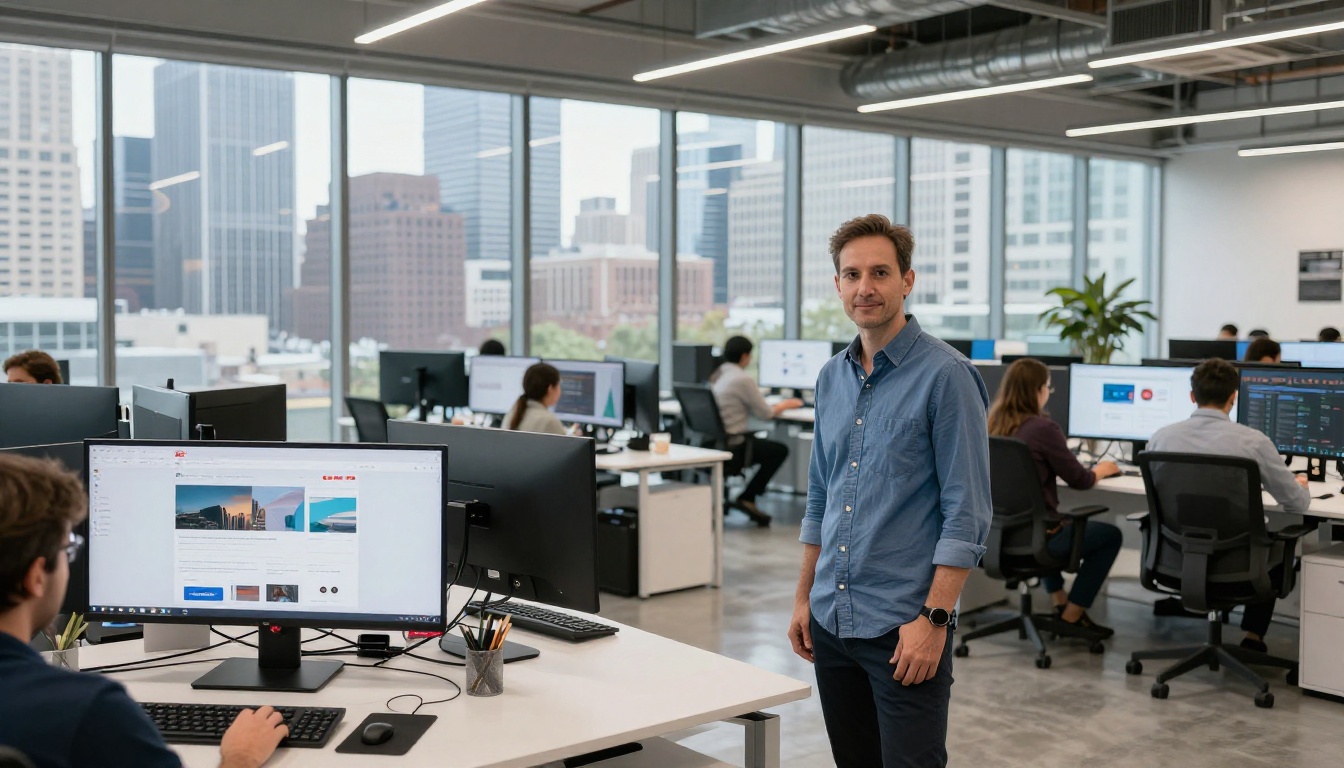 Modern tech office environment with developer at workstation and city skyline through glass walls