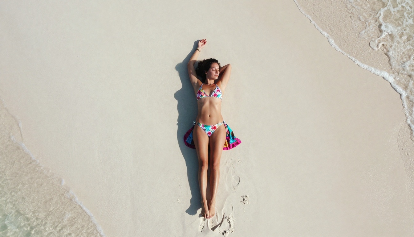 Aerial shot of a woman in a floral bikini lying on white sand beach