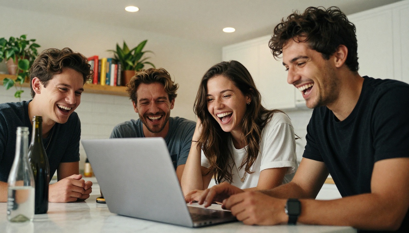 Three friends around a kitchen island laughing at something on a laptop, warm tungsten evening light, marble countertops in background Three friends around a kitchen island laughing at something on a laptop, warm tungsten evening light, marble countertops in background