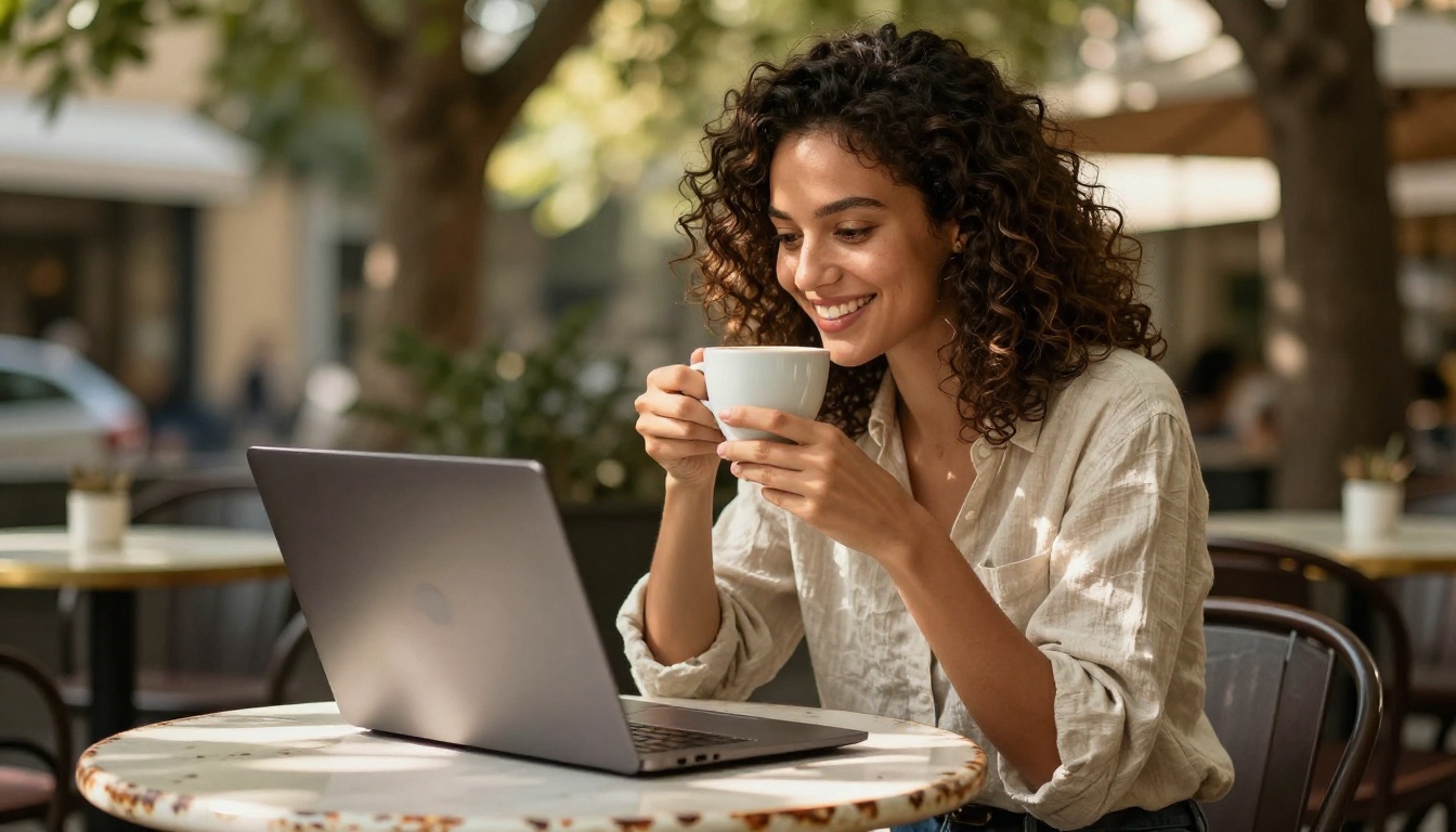 A young woman with curly hair at a sunny outdoor cafe table holding a coffee cup and smiling warmly at her laptop screen A young woman with curly hair at a sunny outdoor cafe table holding a coffee cup and smiling warmly at her laptop screen