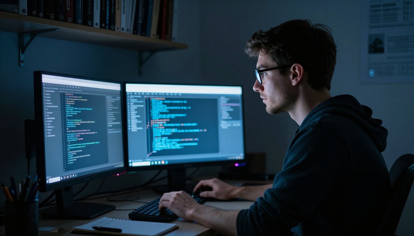 Developer side profile lit dramatically by cool monitor glow in a dark minimalist room