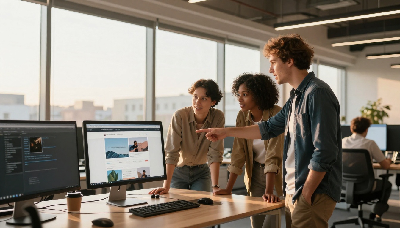 Three developers gathered around a monitor showing a finished website, reacting with enthusiasm