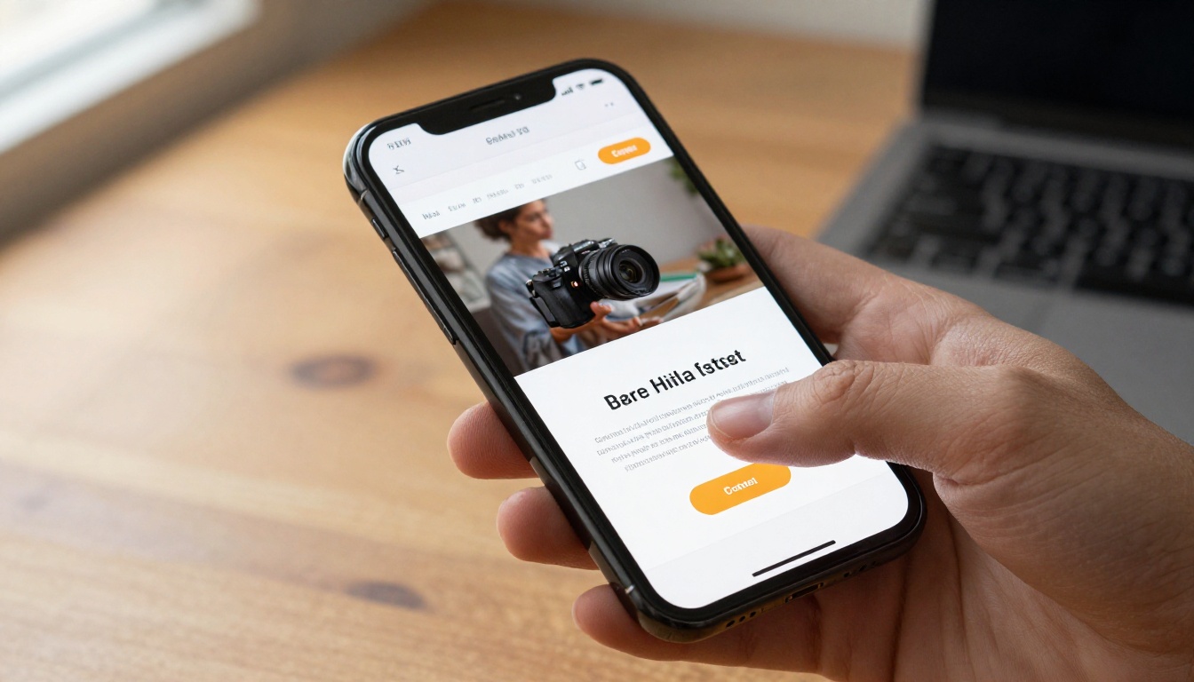 Smartphone held in hand displaying a freshly built website with clean modern UI