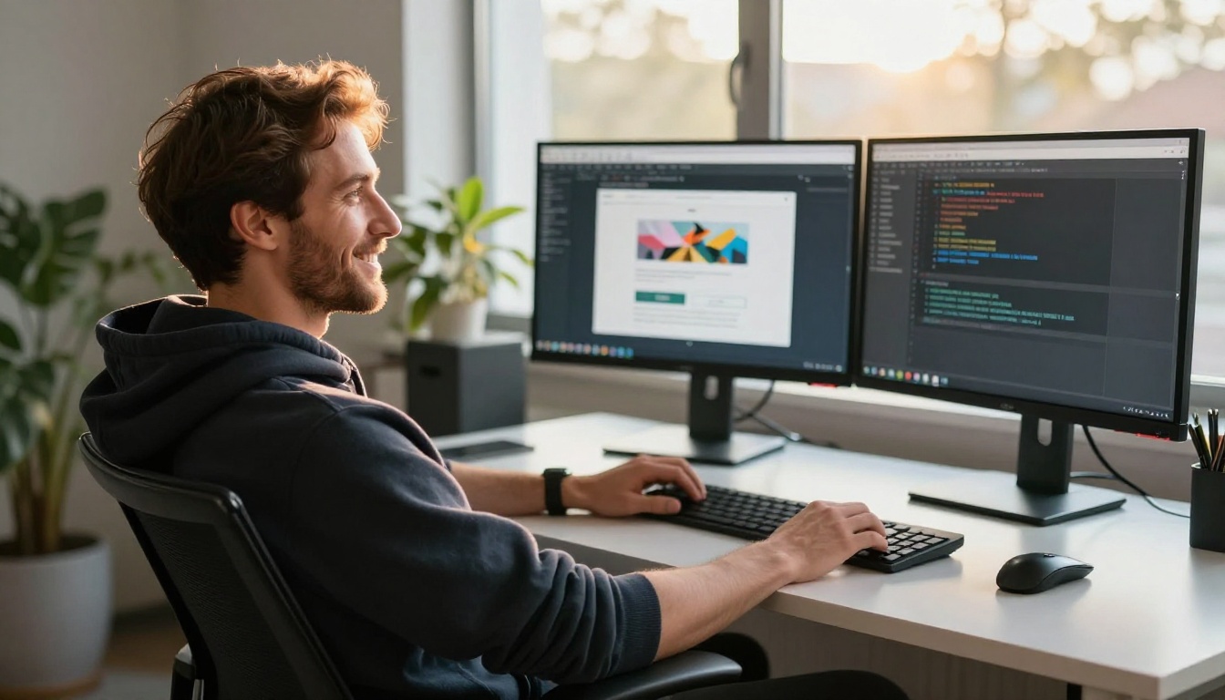 Developer leaning back in office chair with satisfied smile, dual monitors showing completed website and code