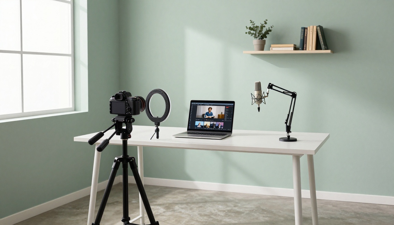 Wide-angle view of a clean minimalist content creator studio with desk, laptop, microphone, DSLR on tripod, and natural light Wide-angle view of a clean minimalist content creator studio with desk, laptop, microphone, DSLR on tripod, and natural light
