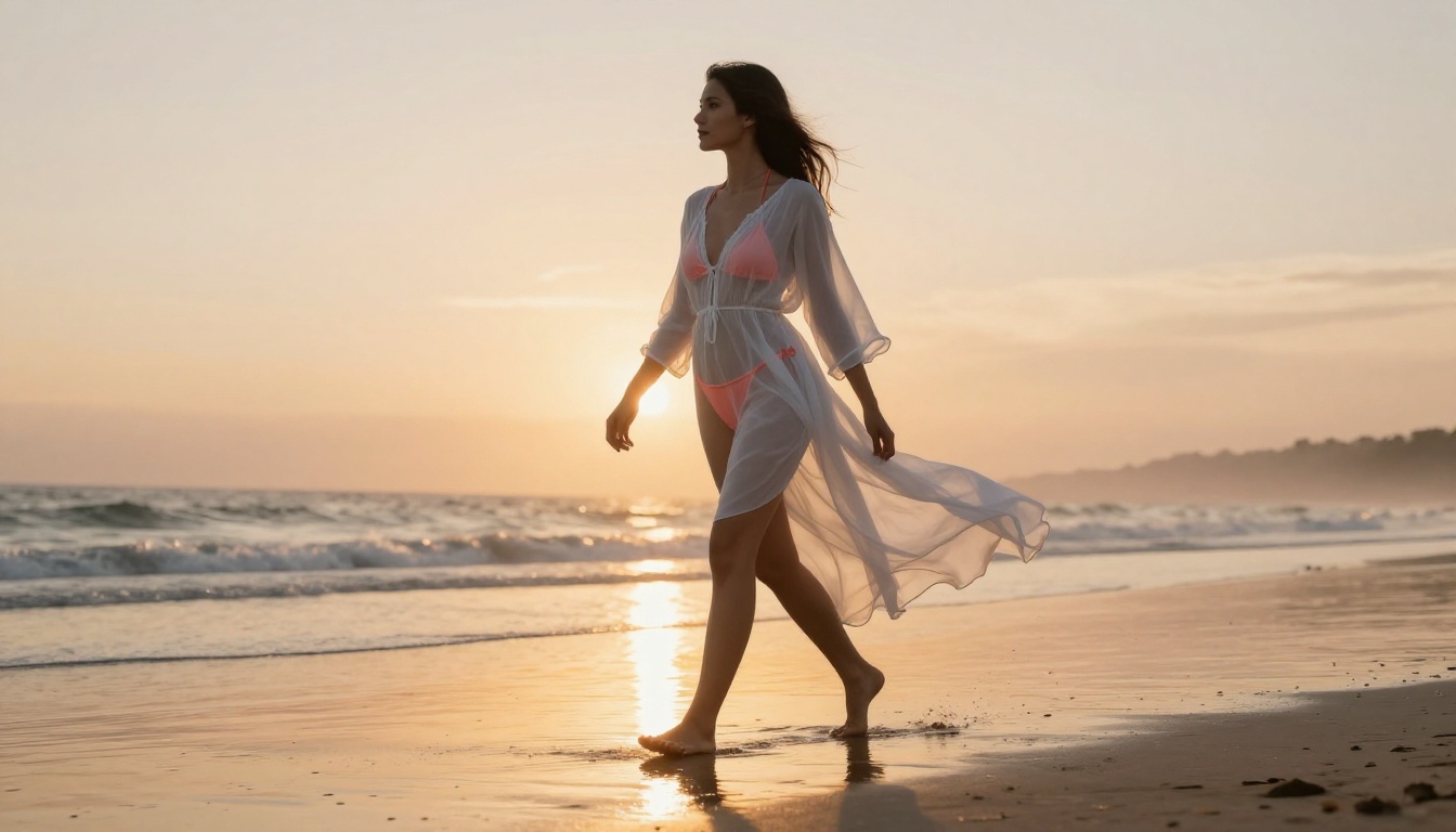 Woman in a sheer beach cover-up walking along a sunset shoreline, transparent fabric catching the breeze