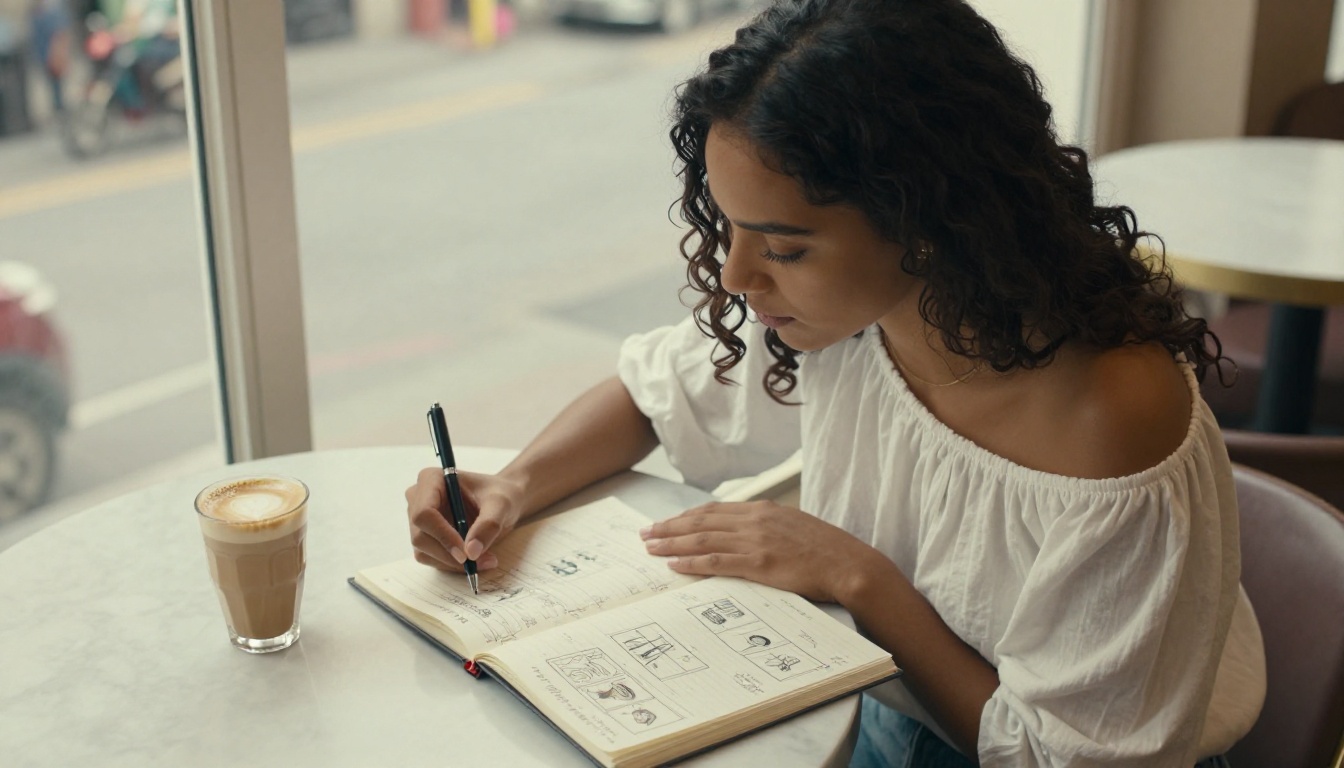 Woman with dark curly hair at a marble cafe table brainstorming video storyboard ideas in an open notebook Woman with dark curly hair at a marble cafe table brainstorming video storyboard ideas in an open notebook