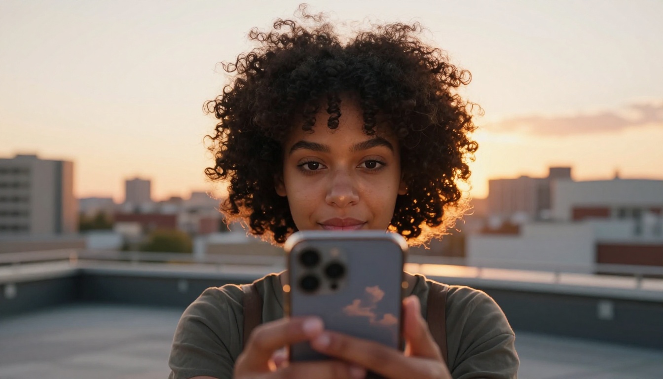 Young woman with natural afro hair recording a selfie video outdoors on a rooftop at golden hour with city skyline behind Young woman with natural afro hair recording a selfie video outdoors on a rooftop at golden hour with city skyline behind
