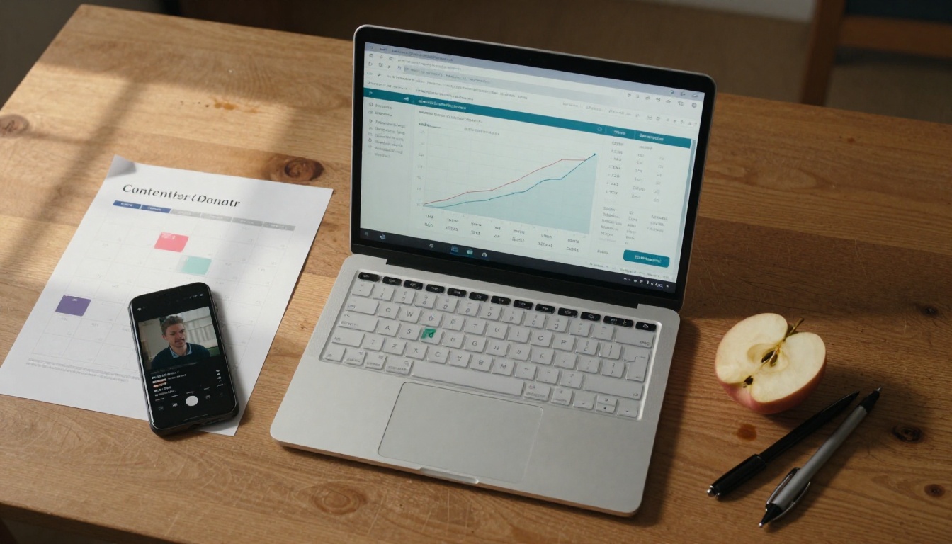 Overhead aerial view of a desk with laptop showing analytics dashboard, printed content calendar, and smartphone with view metrics Overhead aerial view of a desk with laptop showing analytics dashboard, printed content calendar, and smartphone with view metrics