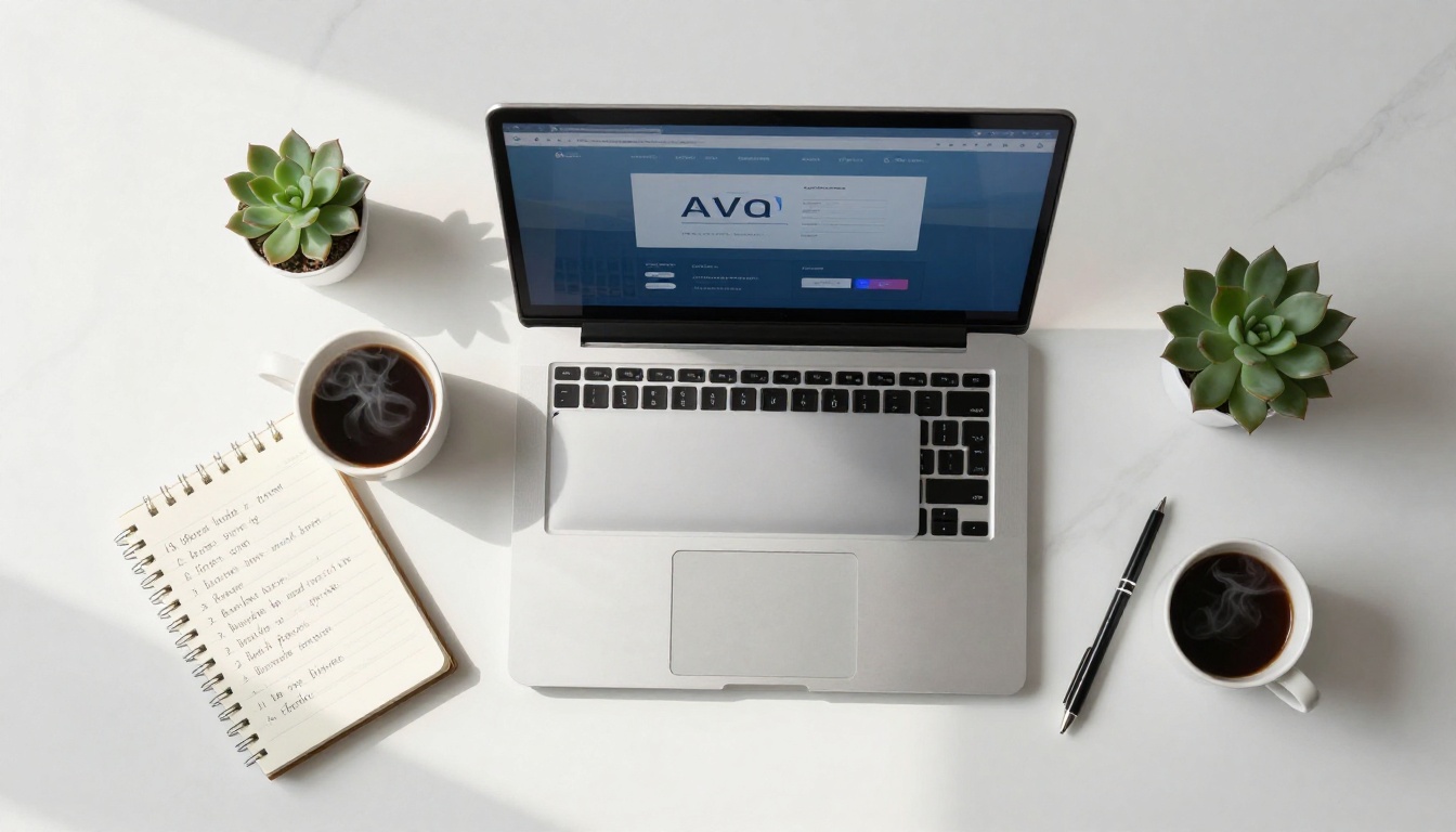 Overhead flat-lay of minimalist desk with laptop open to AI platform and handwritten notes