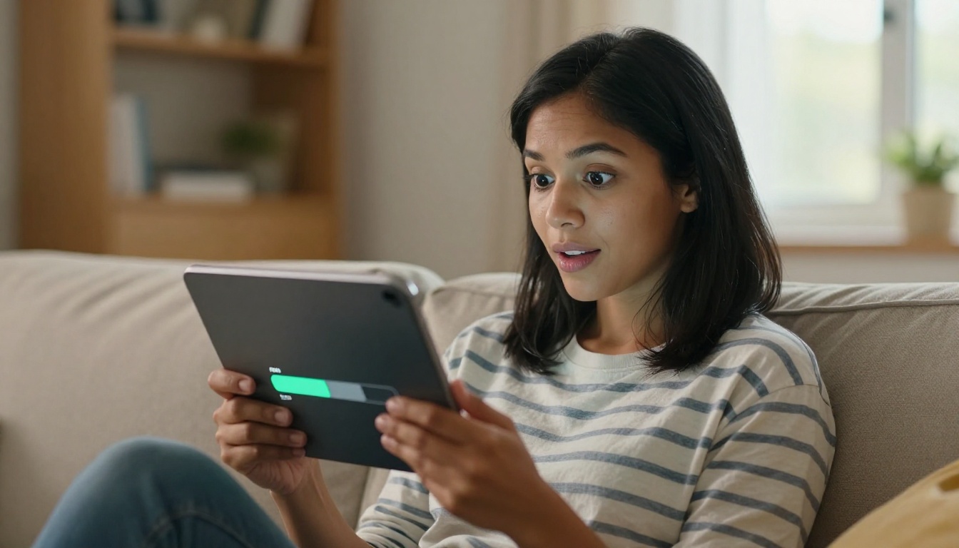 Woman seated on sofa using tablet showing AI image generation with curious expression