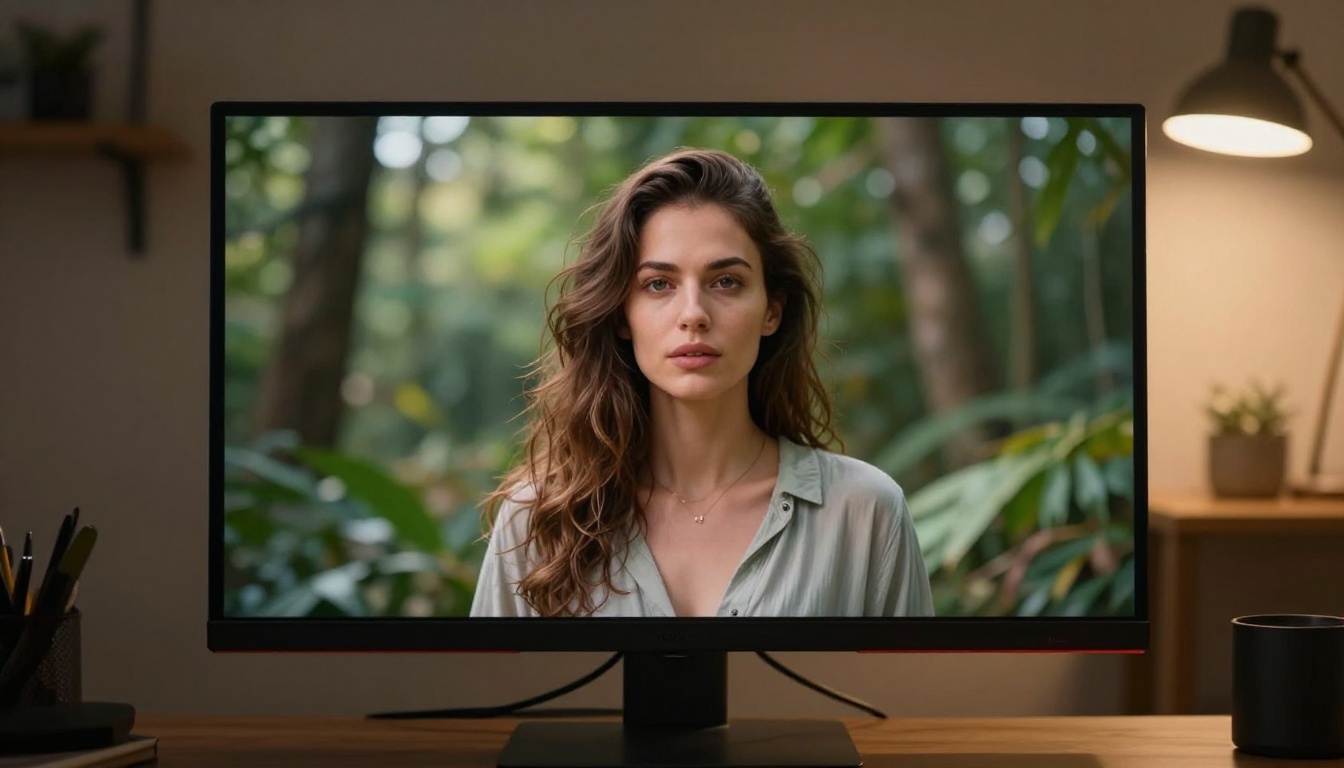 Large 4K monitor displaying a vivid high-resolution AI-generated portrait in a home office