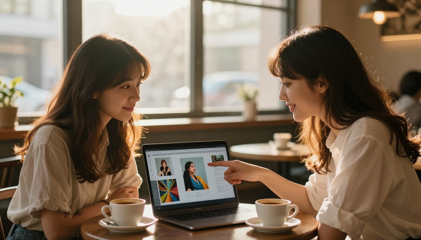Two women at a cafe excitedly viewing AI art gallery together on shared laptop